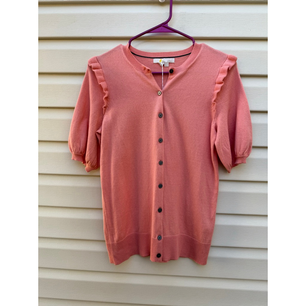 Boden Pink Ruffle Sleeve Button Front Knit Cardigan Top Size 4 NWT Coral